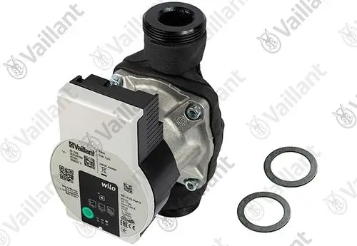 Vaillant Pumpe mit einem kompakten Motor und Anschluss für Rohrleitungen, einschließlich zwei Dichtungen in der Nähe des Geräts.